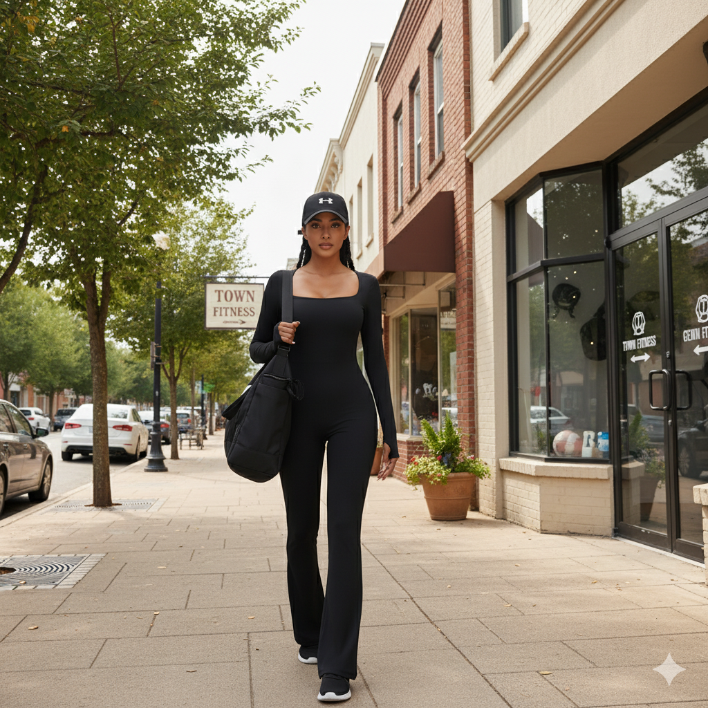 Square Neck Long-Sleeve Fitted Jumpsuit