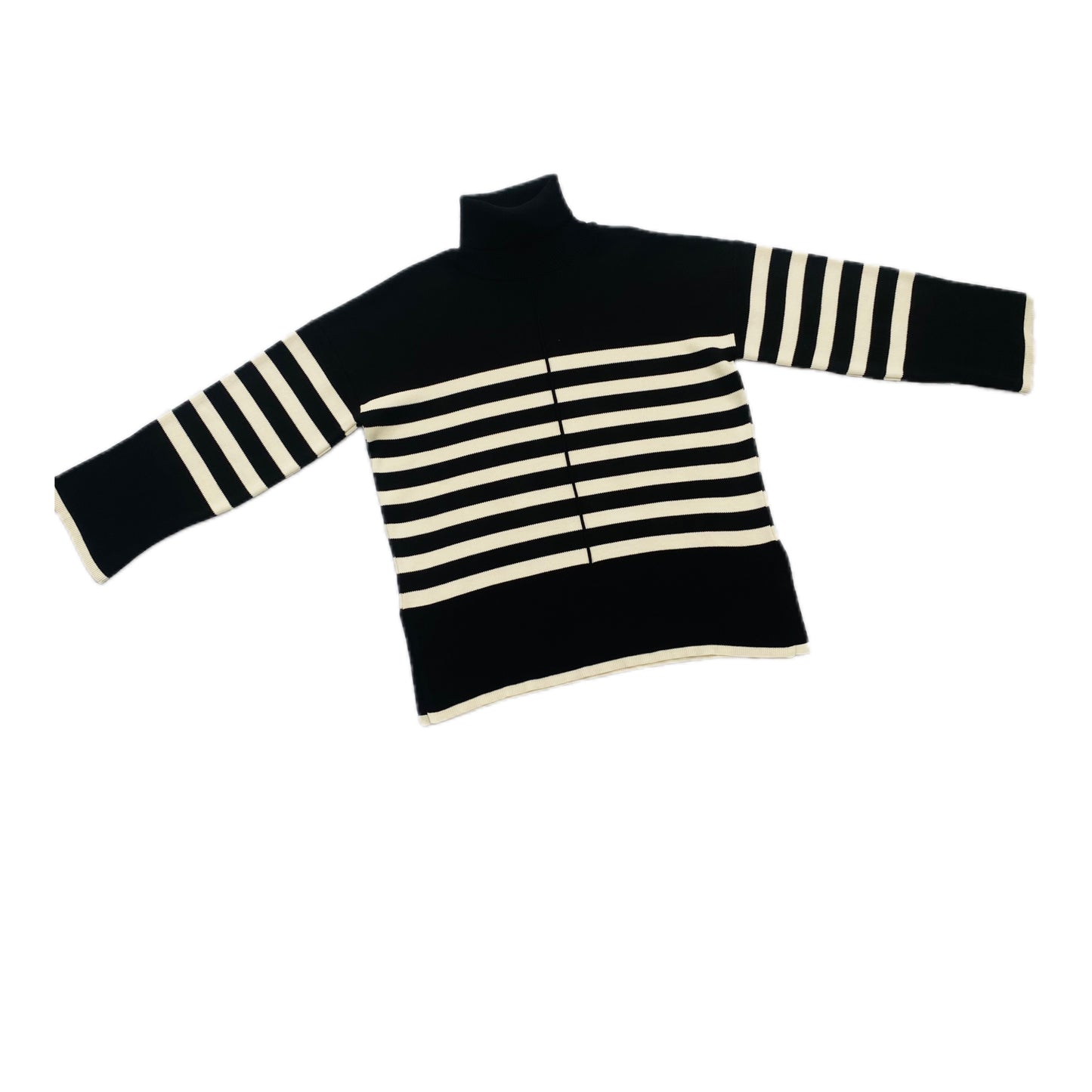 Women's Black and White Striped Turtleneck Sweater