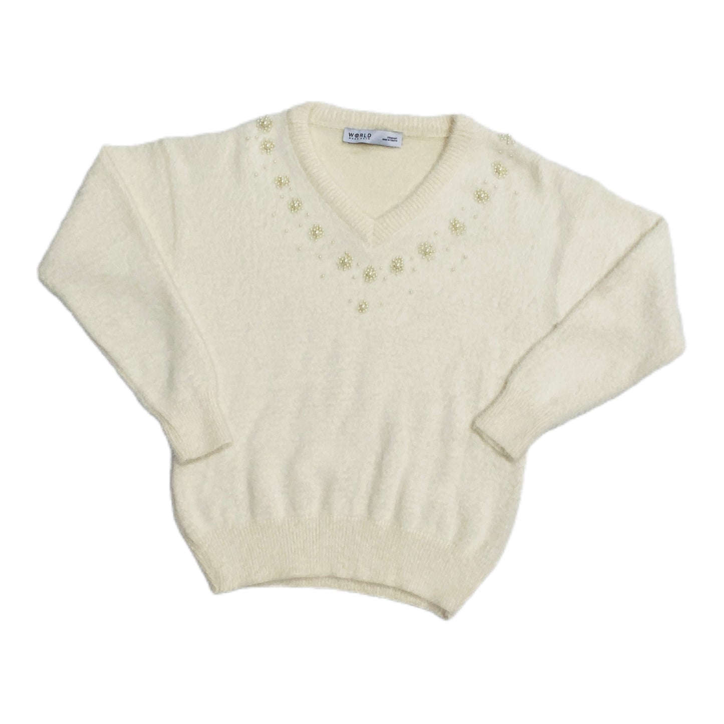 Women White Pearl Beaded V-Neck Sweater