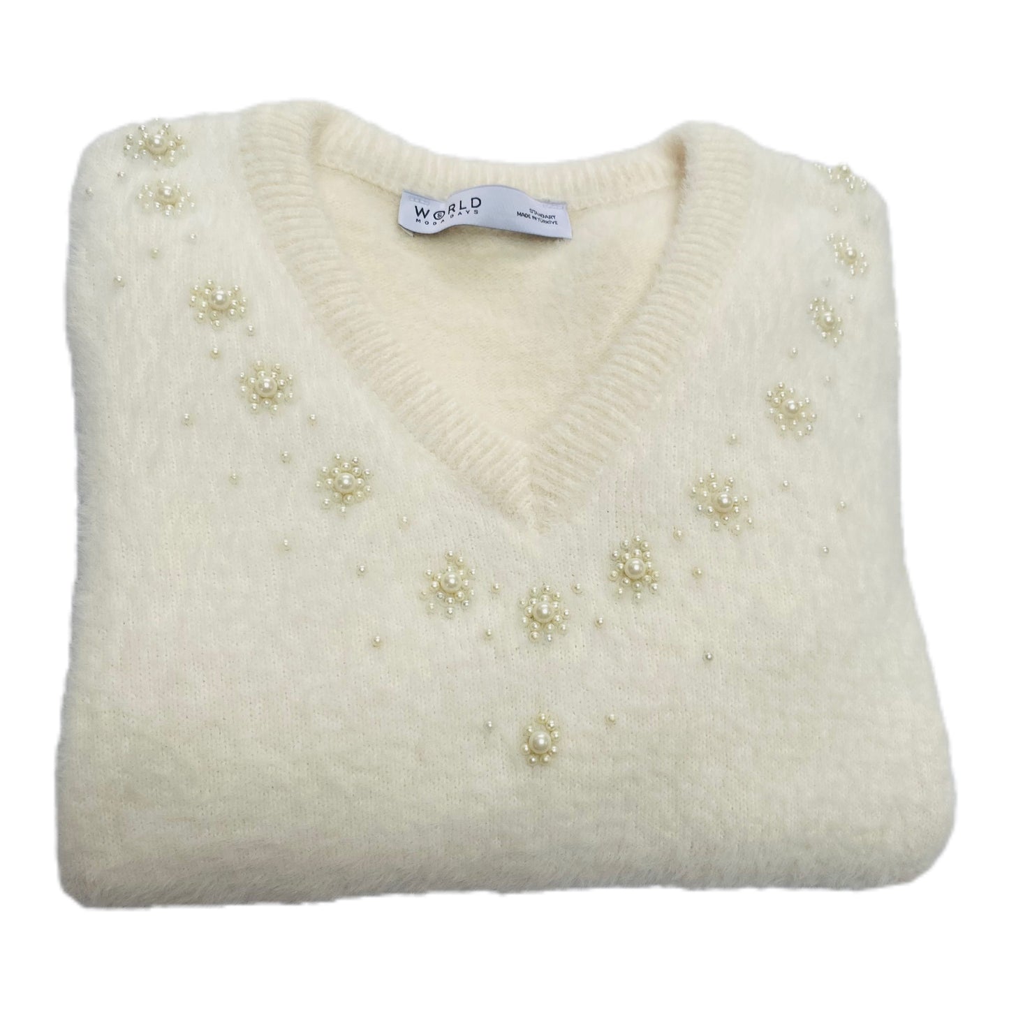 Women White Pearl Beaded V-Neck Sweater