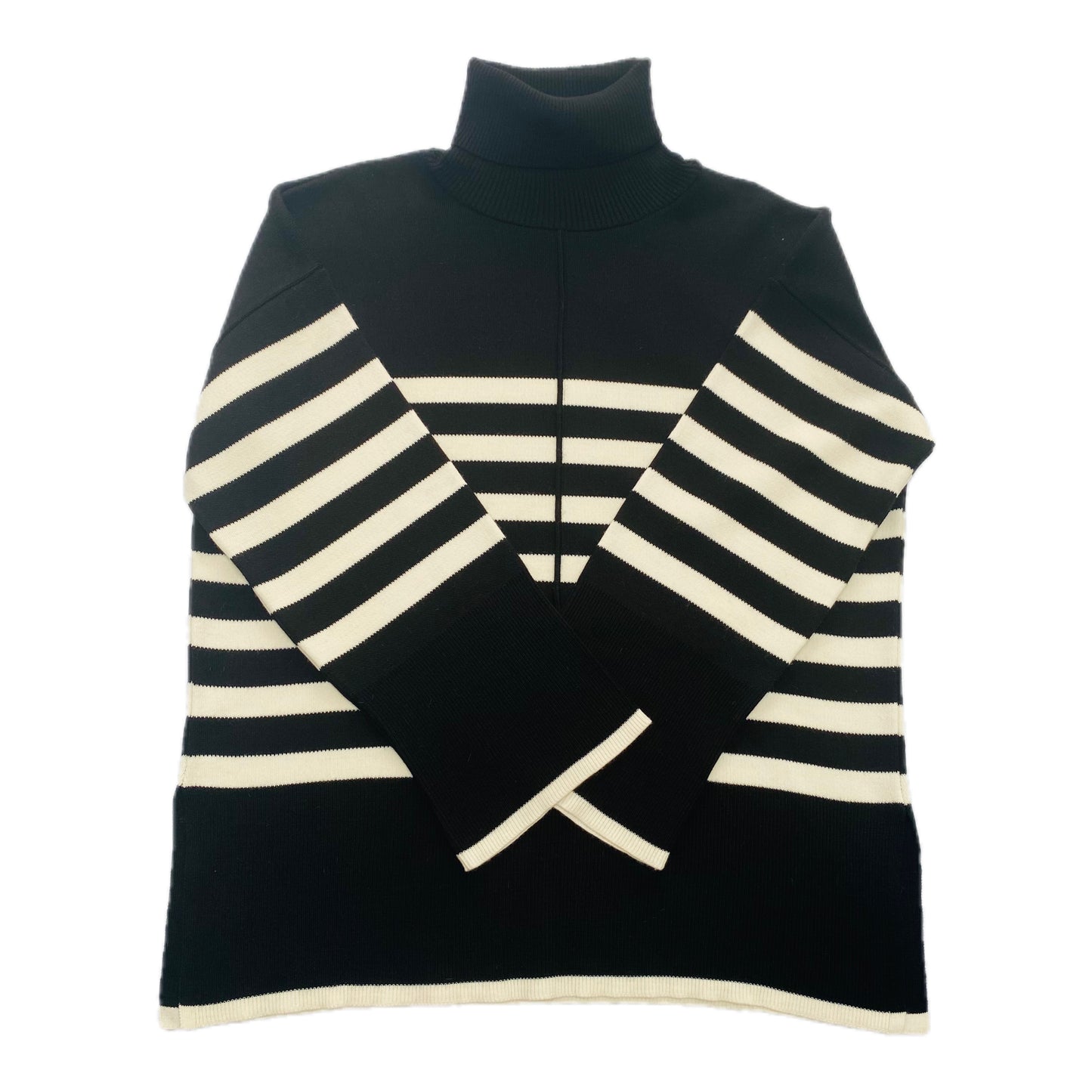 Women's Black and White Striped Turtleneck Sweater