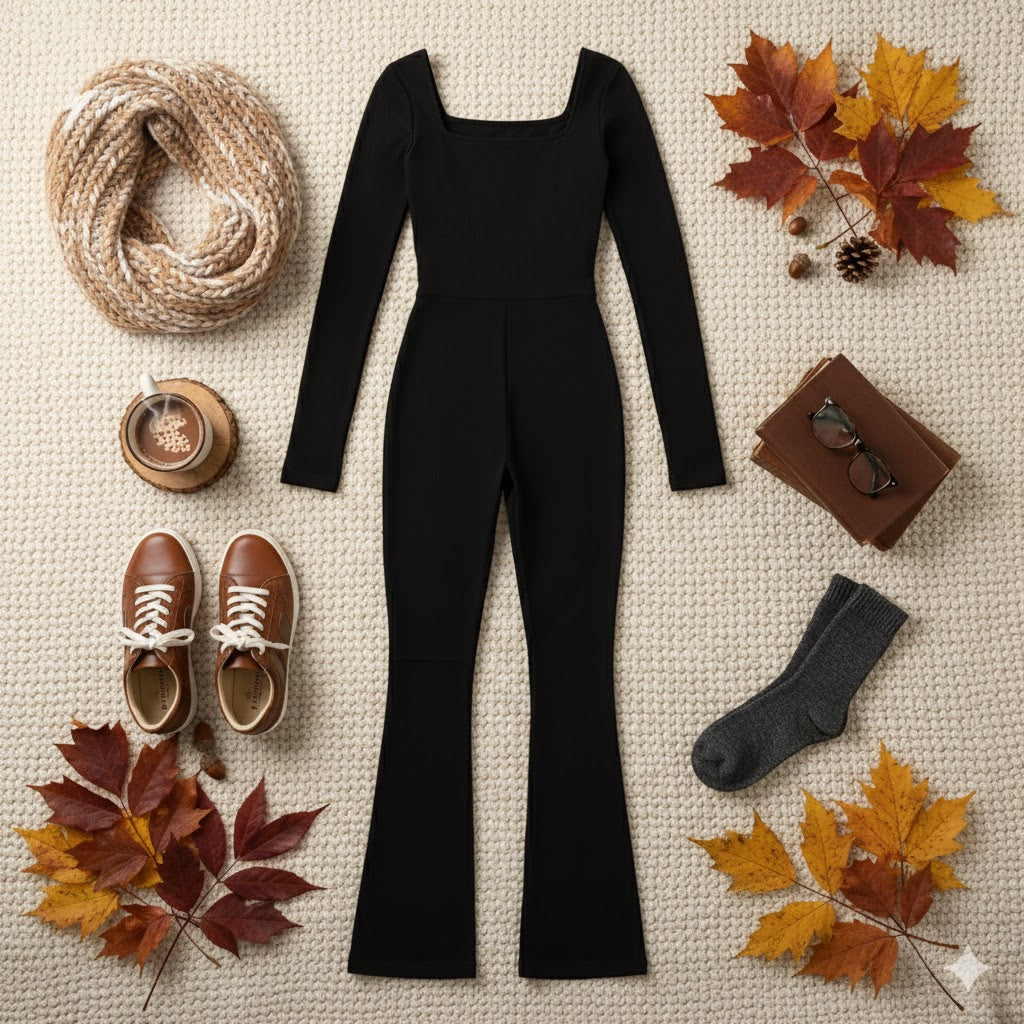 Square Neck Long-Sleeve Fitted Jumpsuit